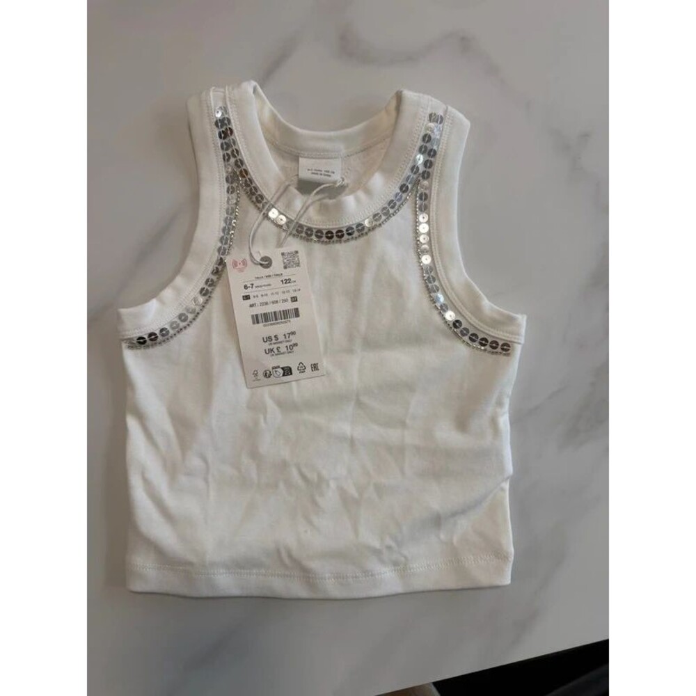 Zara Girls White Sequin Trim Crop Tank Top 6-7 Years 122 cm NWT